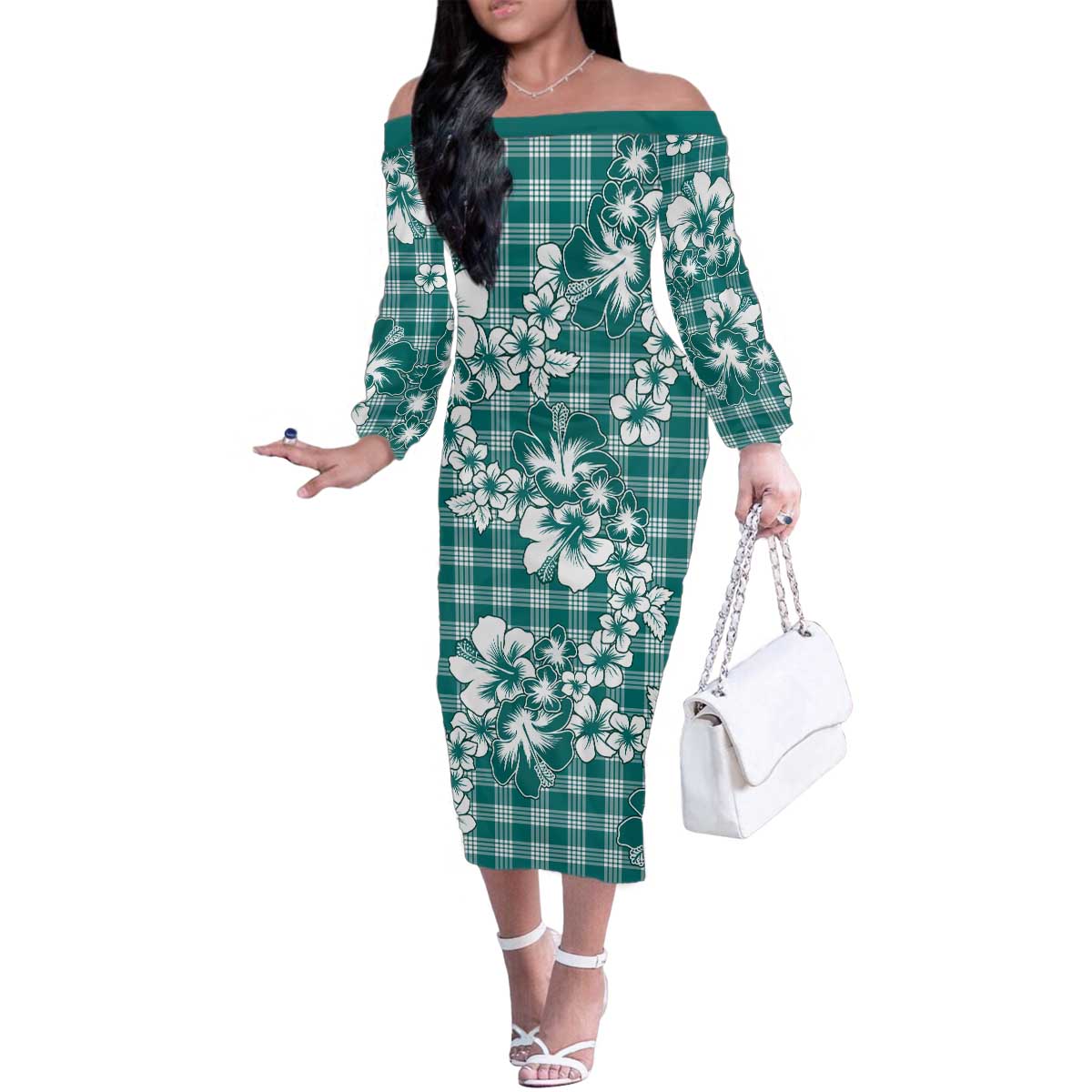 Hibiscus Pakala Aqua Teal Family Matching Off The Shoulder Long Sleeve Dress and Hawaiian Shirt Tropical Floral Stylized - Polynesian Pride