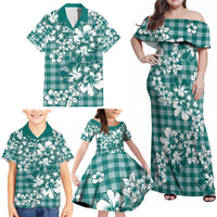 Hibiscus Pakala Aqua Teal Family Matching Off Shoulder Maxi Dress and Hawaiian Shirt Tropical Floral Stylized - Polynesian Pride