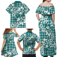 Hibiscus Pakala Aqua Teal Family Matching Off Shoulder Maxi Dress and Hawaiian Shirt Tropical Floral Stylized - Polynesian Pride