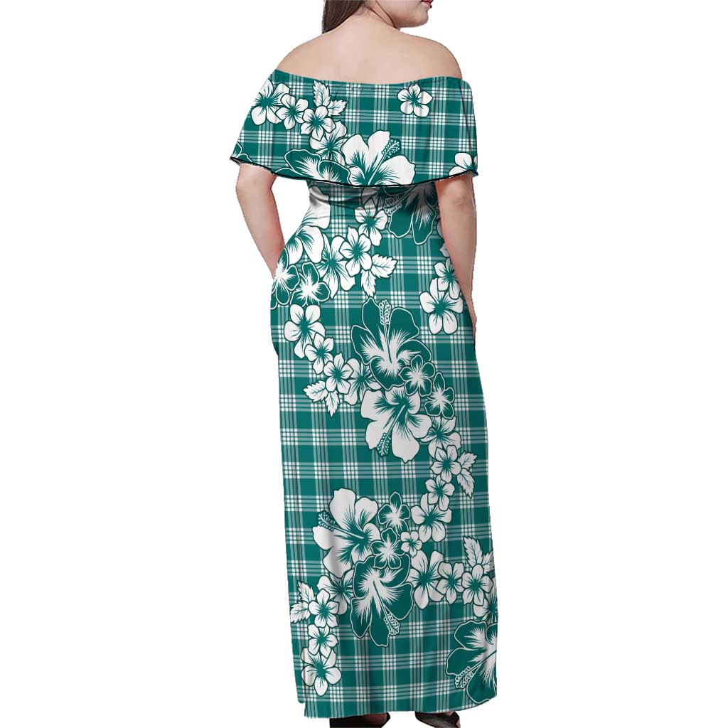 Hibiscus Pakala Aqua Teal Family Matching Off Shoulder Maxi Dress and Hawaiian Shirt Tropical Floral Stylized - Polynesian Pride