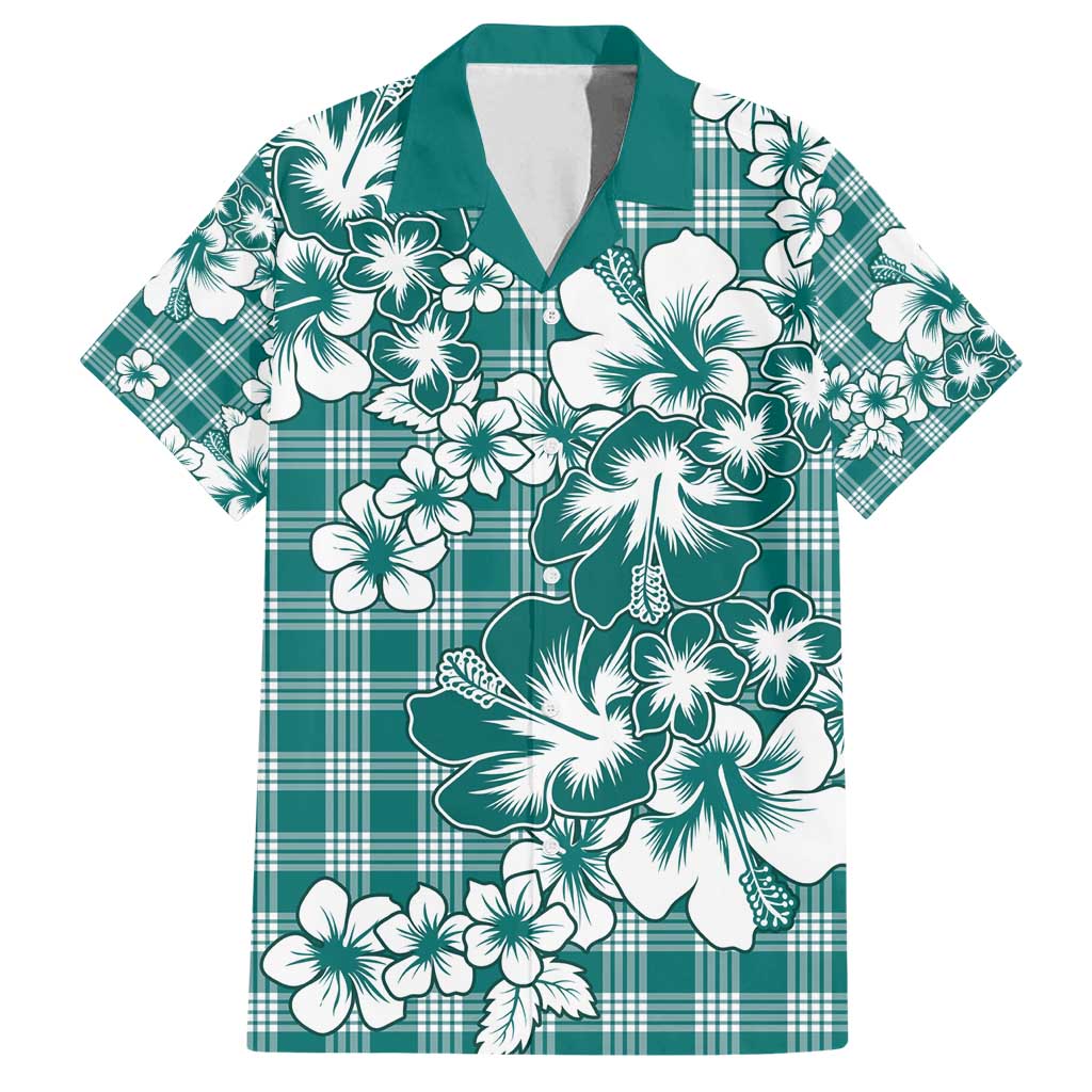 Hibiscus Pakala Aqua Teal Family Matching Off Shoulder Short Dress and Hawaiian Shirt Tropical Floral Stylized - Polynesian Pride