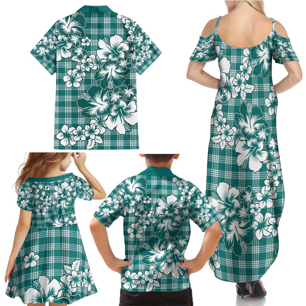 Hibiscus Pakala Aqua Teal Family Matching Summer Maxi Dress and Hawaiian Shirt Tropical Floral Stylized - Polynesian Pride