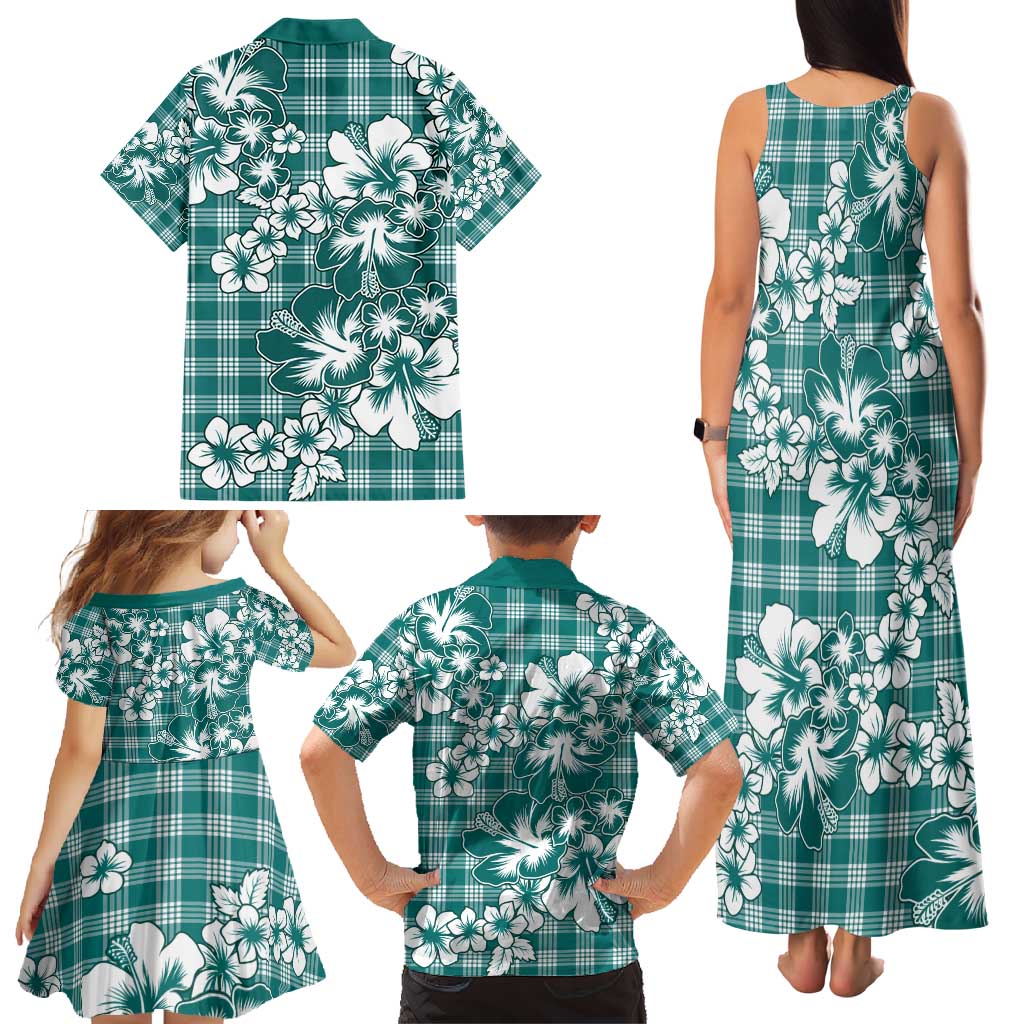 Hibiscus Pakala Aqua Teal Family Matching Tank Maxi Dress and Hawaiian Shirt Tropical Floral Stylized - Polynesian Pride