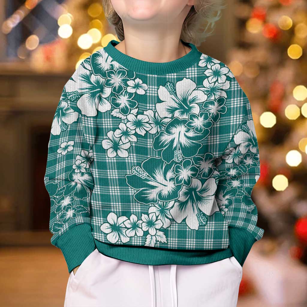 Hibiscus Pakala Aqua Teal Kid Ugly Christmas Sweater Tropical Floral Stylized - Polynesian Pride