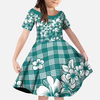 Hibiscus Pakala Aqua Teal Kid Short Sleeve Dress Tropical Floral Stylized - Polynesian Pride