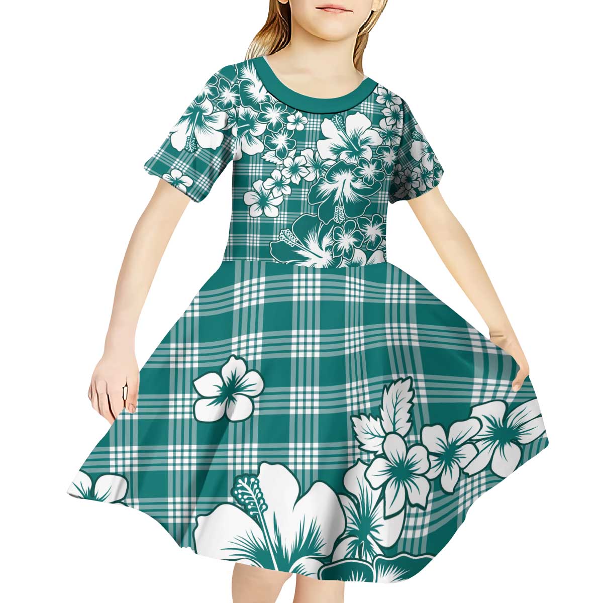 Hibiscus Pakala Aqua Teal Kid Short Sleeve Dress Tropical Floral Stylized - Polynesian Pride