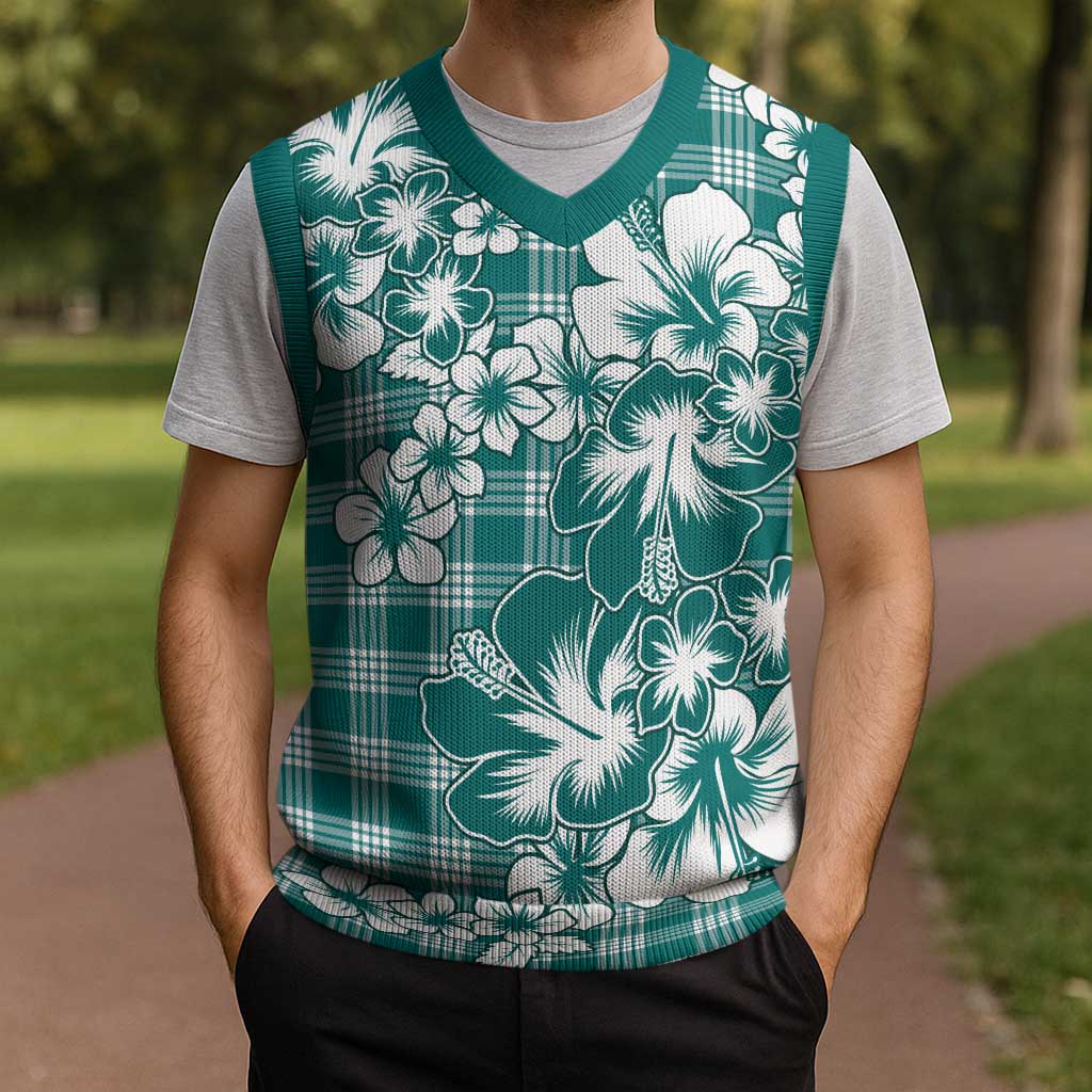 Hibiscus Pakala Aqua Teal Christmas Knitted V-Neck Vest Tropical Floral Stylized - Polynesian Pride