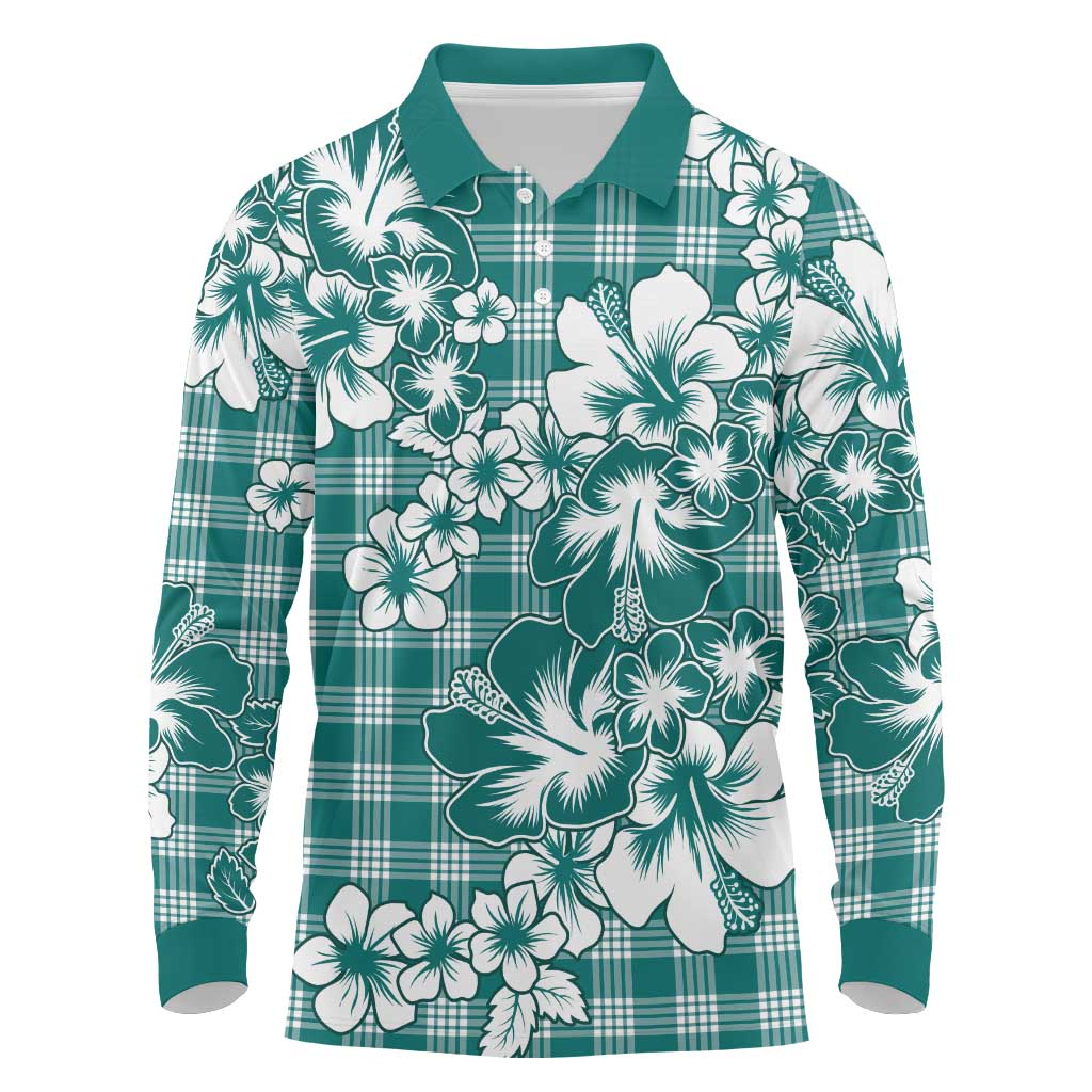 Hibiscus Pakala Aqua Teal Long Sleeve Polo Shirt Tropical Floral Stylized - Polynesian Pride