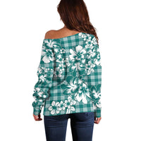 Hibiscus Pakala Aqua Teal Off Shoulder Sweater Tropical Floral Stylized - Polynesian Pride