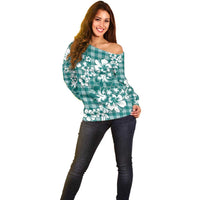 Hibiscus Pakala Aqua Teal Off Shoulder Sweater Tropical Floral Stylized - Polynesian Pride