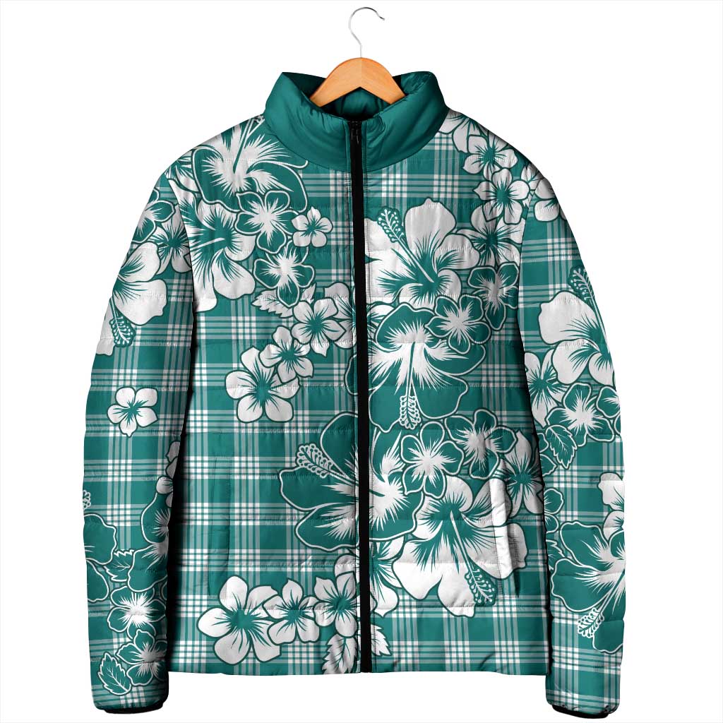 Hibiscus Pakala Aqua Teal Padded Jacket Tropical Floral Stylized - Polynesian Pride