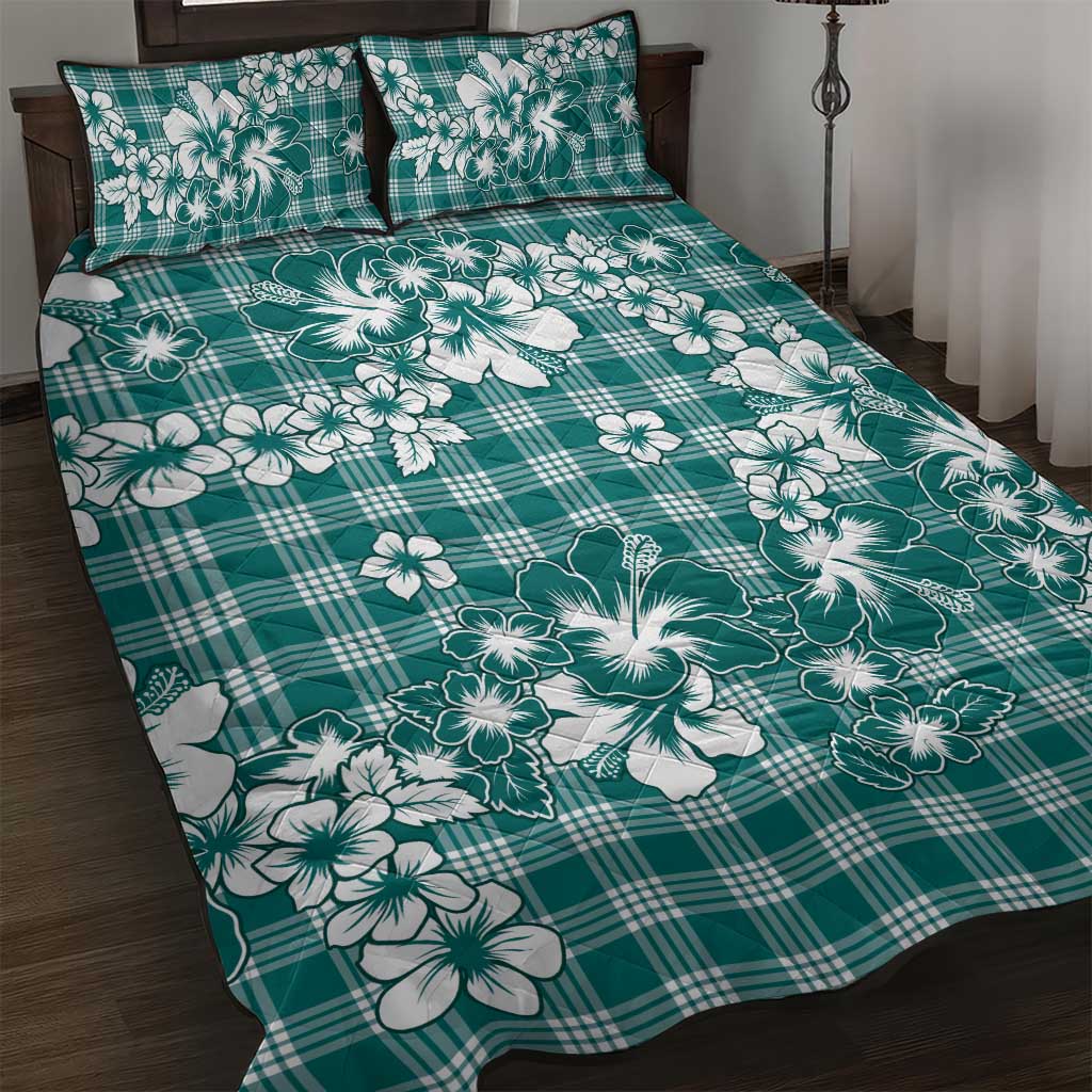 Hibiscus Pakala Aqua Teal Quilt Bed Set Tropical Floral Stylized - Polynesian Pride
