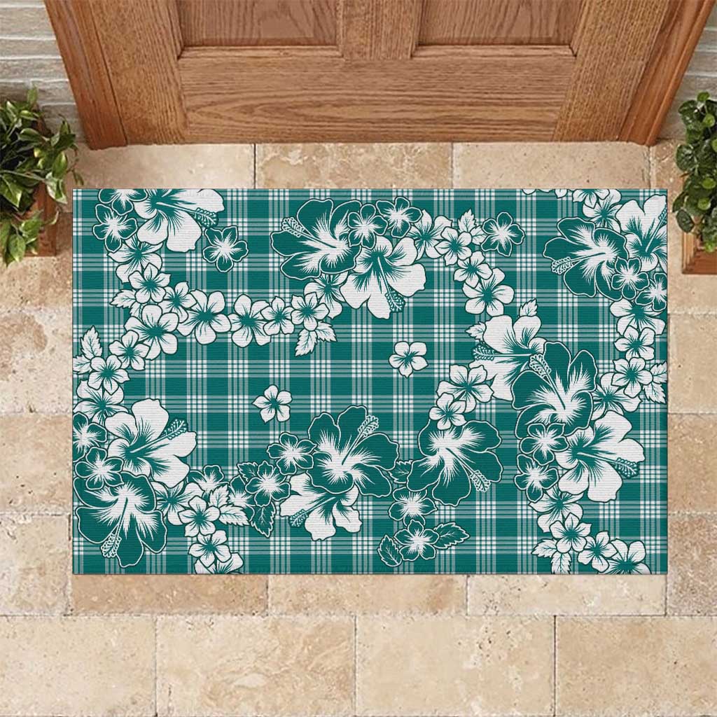 Hibiscus Pakala Aqua Teal Rubber Doormat Tropical Floral Stylized - Polynesian Pride