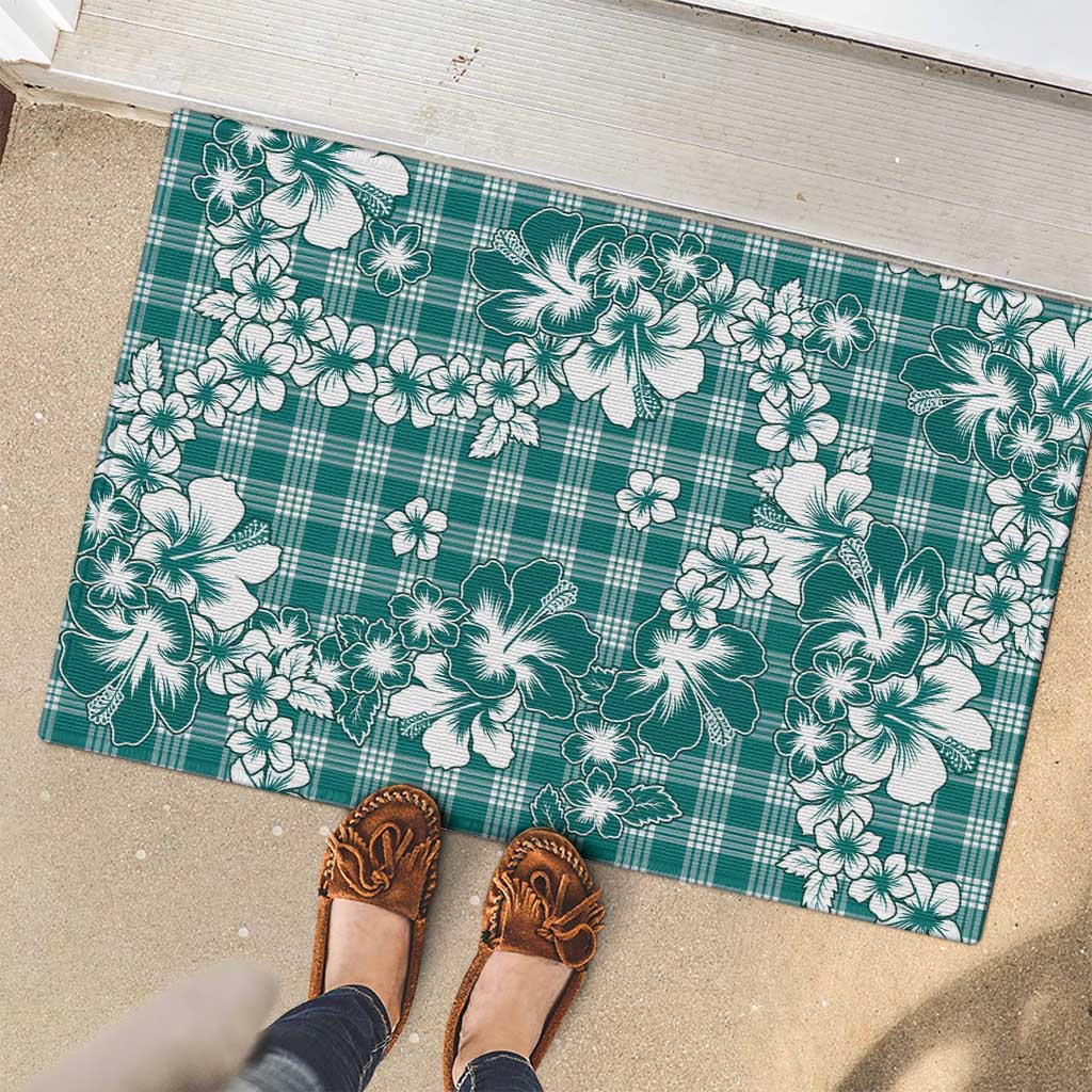 Hibiscus Pakala Aqua Teal Rubber Doormat Tropical Floral Stylized - Polynesian Pride