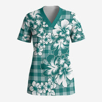 Hibiscus Pakala Aqua Teal Scrub Top Tropical Floral Stylized - Polynesian Pride