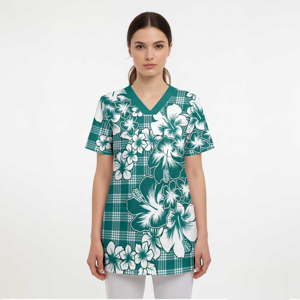 Hibiscus Pakala Aqua Teal Scrub Top Tropical Floral Stylized - Polynesian Pride