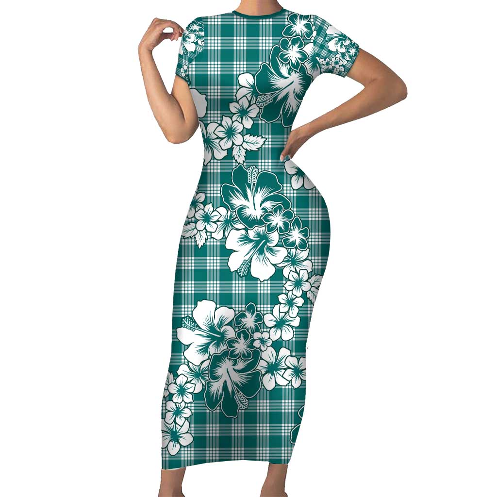 Hibiscus Pakala Aqua Teal Short Sleeve Bodycon Dress Tropical Floral Stylized - Polynesian Pride