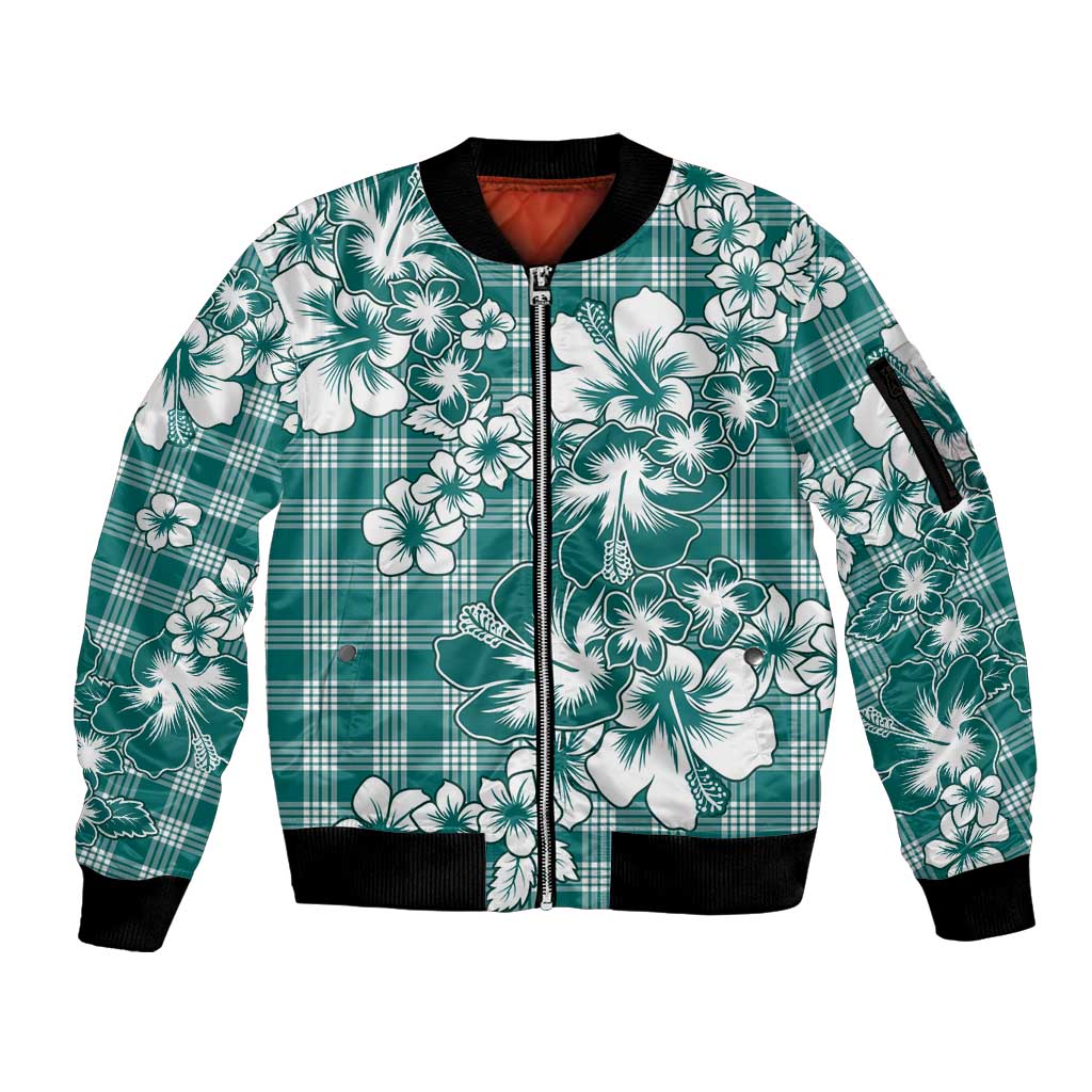 Hibiscus Pakala Aqua Teal Sleeve Zip Bomber Jacket Tropical Floral Stylized - Polynesian Pride