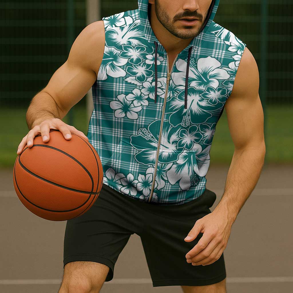Hibiscus Pakala Aqua Teal Sleeveless Zip Hoodie Tropical Floral Stylized - Polynesian Pride