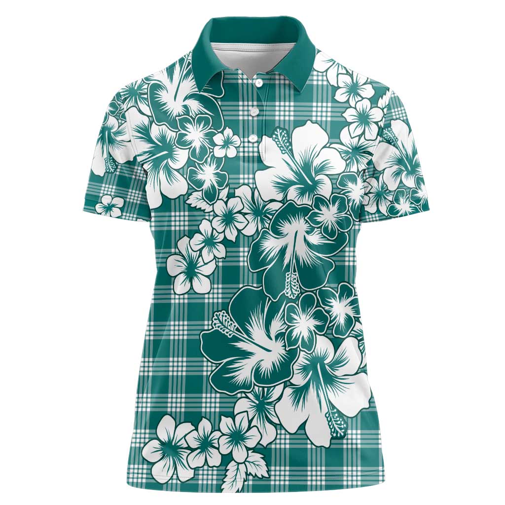 Hibiscus Pakala Aqua Teal Women Polo Shirt Tropical Floral Stylized - Polynesian Pride