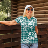 Hibiscus Pakala Aqua Teal Women Polo Shirt Tropical Floral Stylized - Polynesian Pride