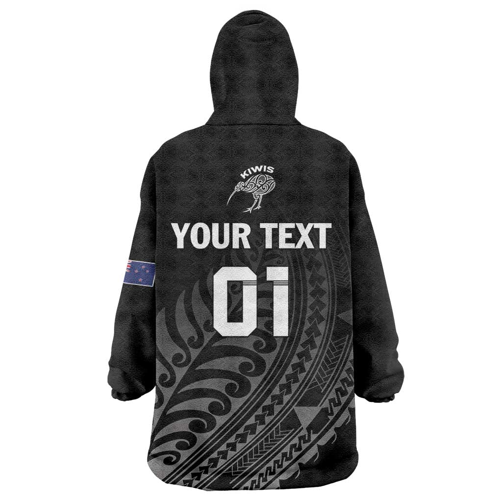 Custom New Zealand Cricket Wearable Blanket Hoodie Maori Kiwi Black Fern