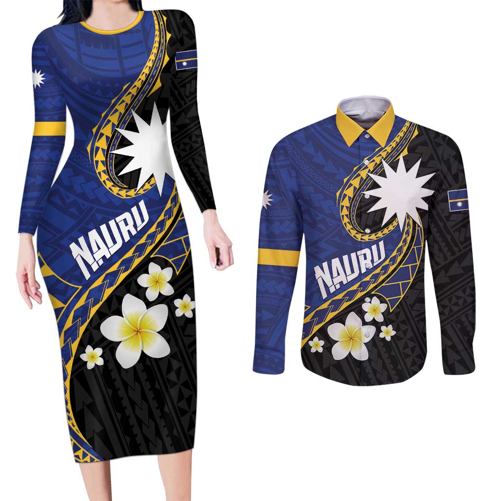 Personalised Nauru Couples Matching Long Sleeve Bodycon Dress and Long Sleeve Button Shirt Naoero Proud Plumeria