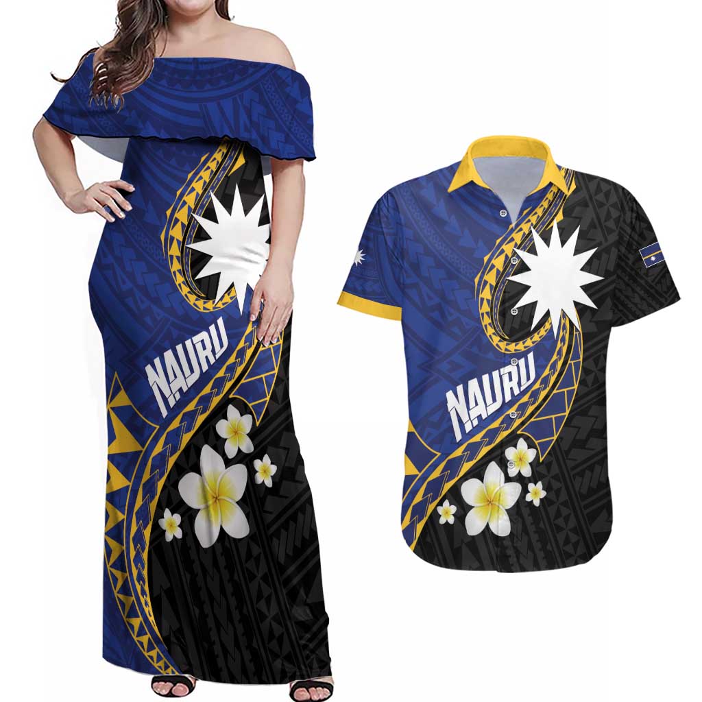 Personalised Nauru Couples Matching Off Shoulder Maxi Dress and Hawaiian Shirt Naoero Proud Plumeria