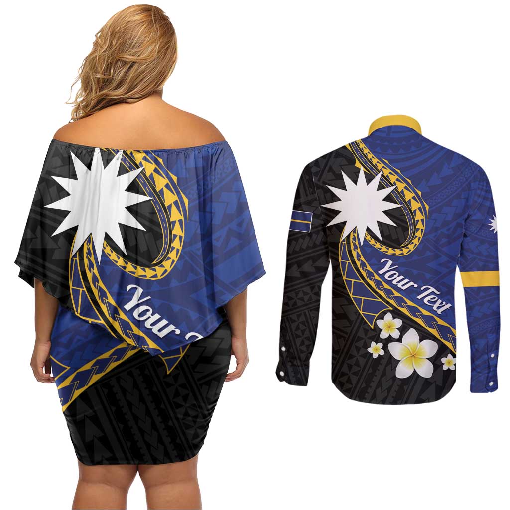Personalised Nauru Couples Matching Off Shoulder Short Dress and Long Sleeve Button Shirt Naoero Proud Plumeria