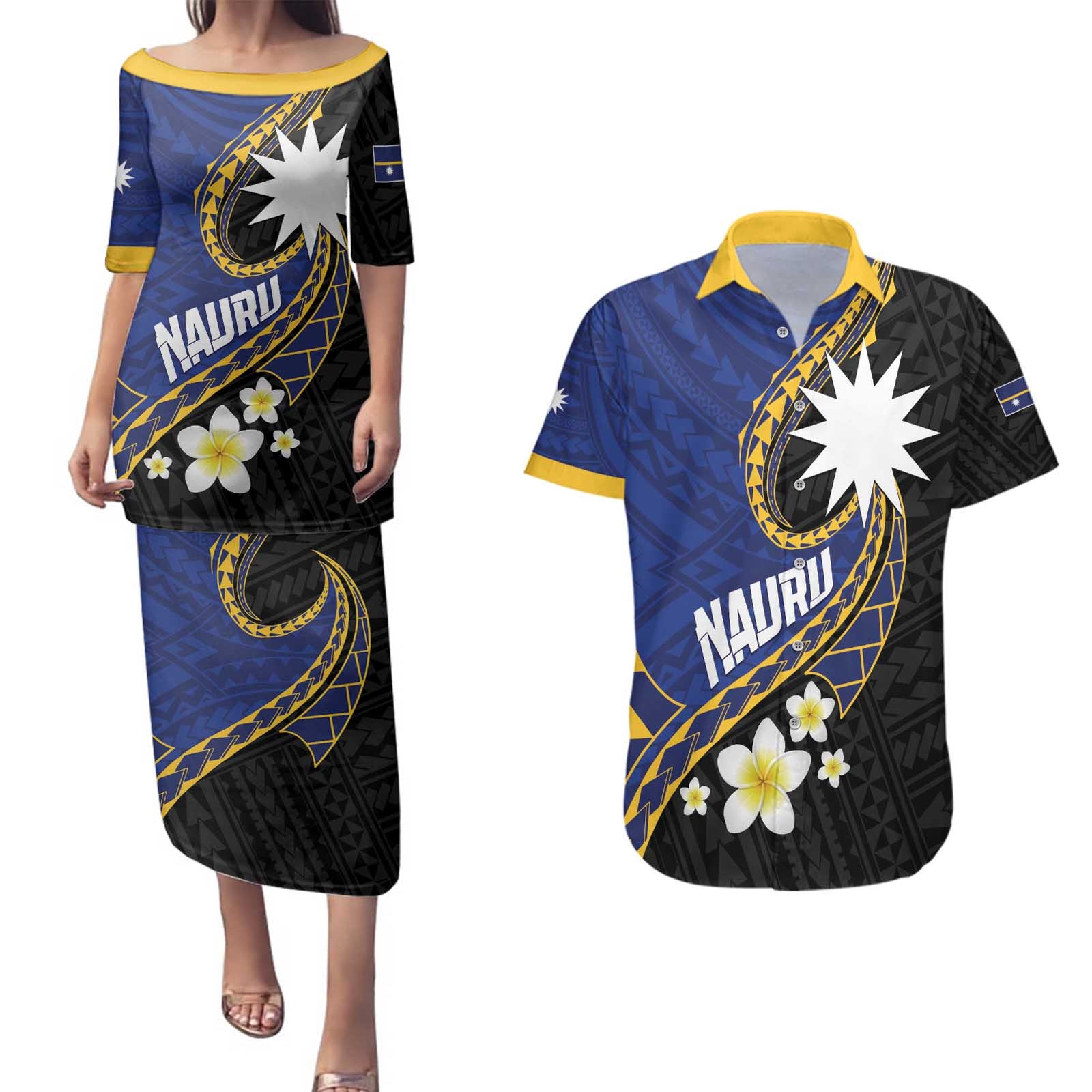 Personalised Nauru Couples Matching Puletasi and Hawaiian Shirt Naoero Proud Plumeria