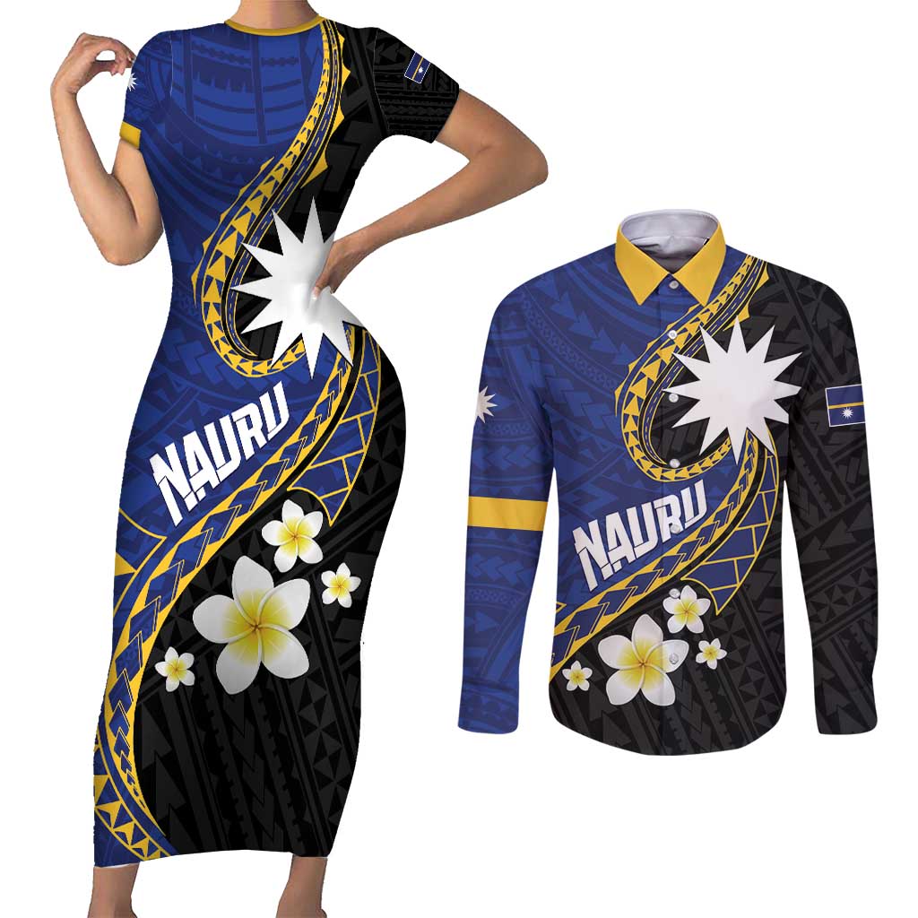 Personalised Nauru Couples Matching Short Sleeve Bodycon Dress and Long Sleeve Button Shirt Naoero Proud Plumeria