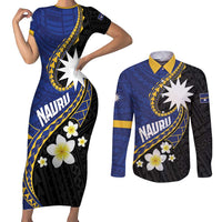 Personalised Nauru Couples Matching Short Sleeve Bodycon Dress and Long Sleeve Button Shirt Naoero Proud Plumeria