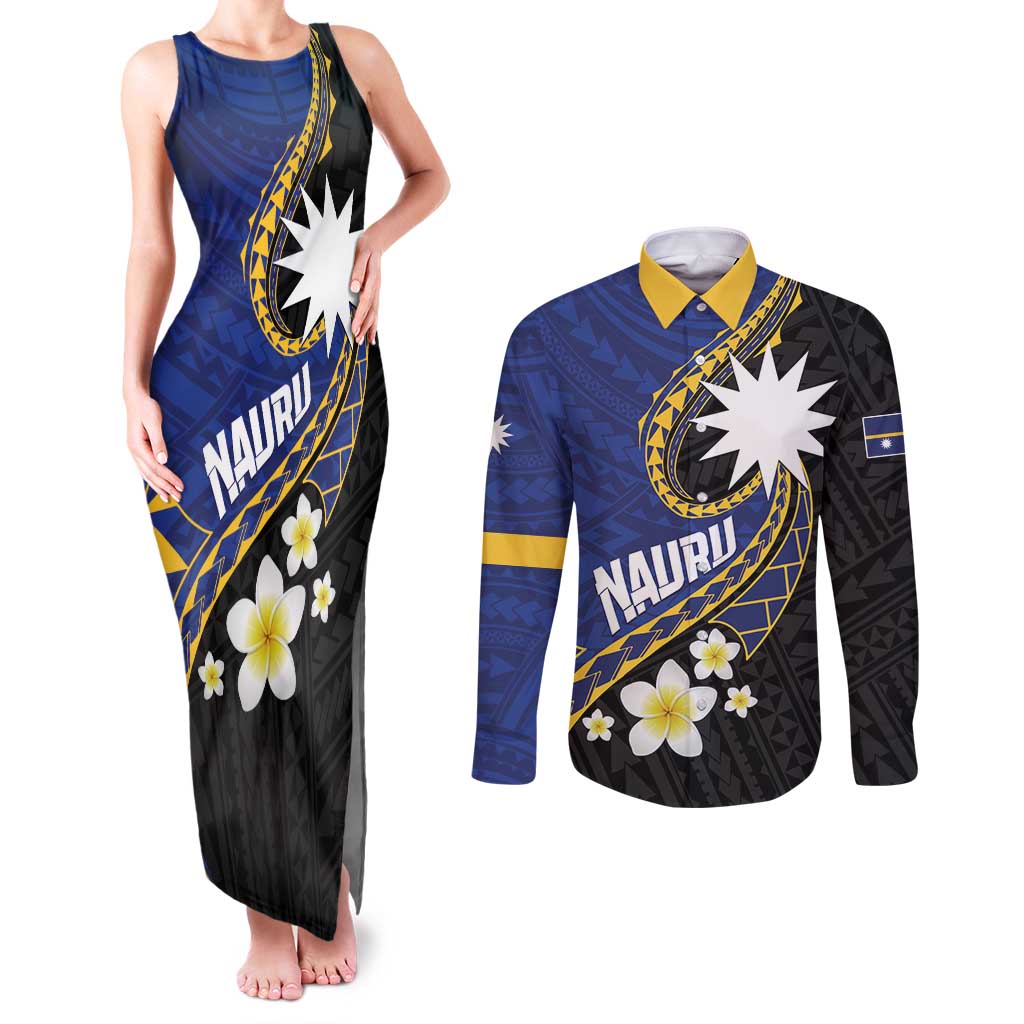 Personalised Nauru Couples Matching Tank Maxi Dress and Long Sleeve Button Shirt Naoero Proud Plumeria