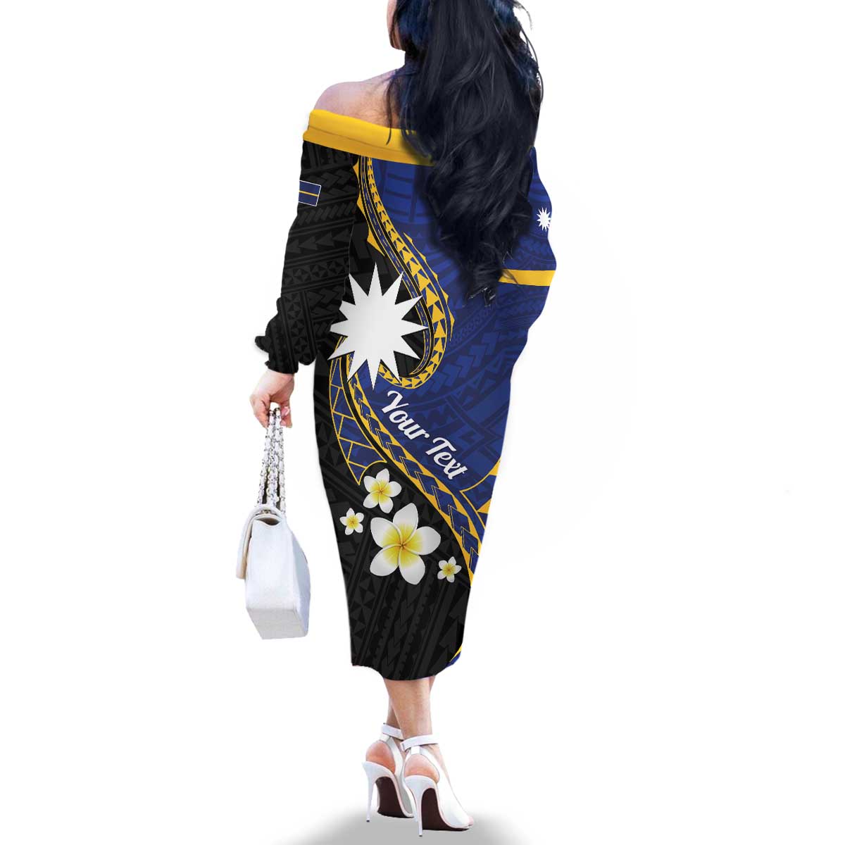 Personalised Nauru Family Matching Off The Shoulder Long Sleeve Dress and Hawaiian Shirt Naoero Proud Plumeria