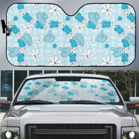 Hawaii Anthurium Tiare Pikake Lei Auto Sun Shade UliUli Lauhala Art Pattern LT01 Blue - Polynesian Pride