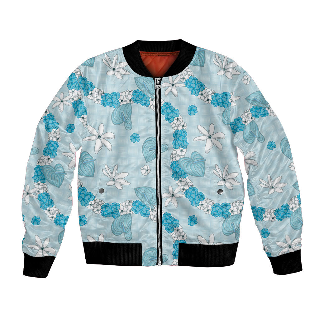 Hawaii Anthurium Tiare Pikake Lei Bomber Jacket UliUli Lauhala Art Pattern LT01 Unisex Blue - Polynesian Pride