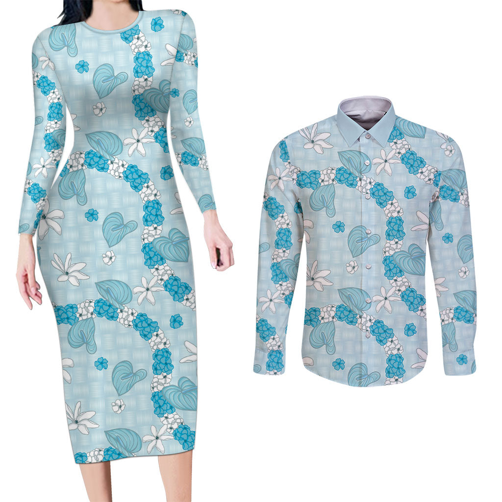 Hawaii Anthurium Tiare Pikake Lei Couples Matching Long Sleeve Bodycon Dress and Long Sleeve Button Shirt UliUli Lauhala Art Pattern LT01 Blue - Polynesian Pride