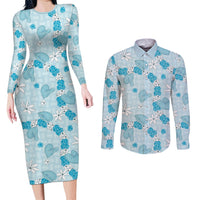 Hawaii Anthurium Tiare Pikake Lei Couples Matching Long Sleeve Bodycon Dress and Long Sleeve Button Shirt UliUli Lauhala Art Pattern LT01 Blue - Polynesian Pride