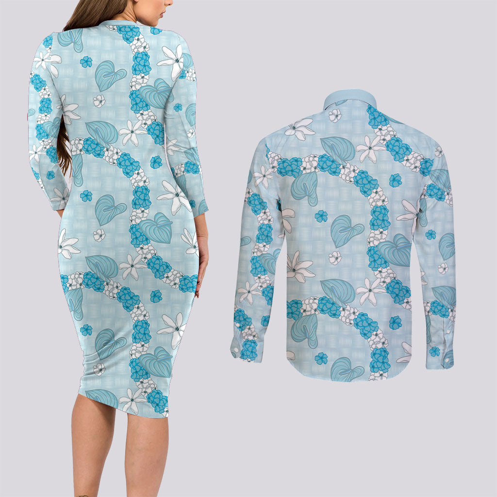 Hawaii Anthurium Tiare Pikake Lei Couples Matching Long Sleeve Bodycon Dress and Long Sleeve Button Shirt UliUli Lauhala Art Pattern LT01 - Polynesian Pride