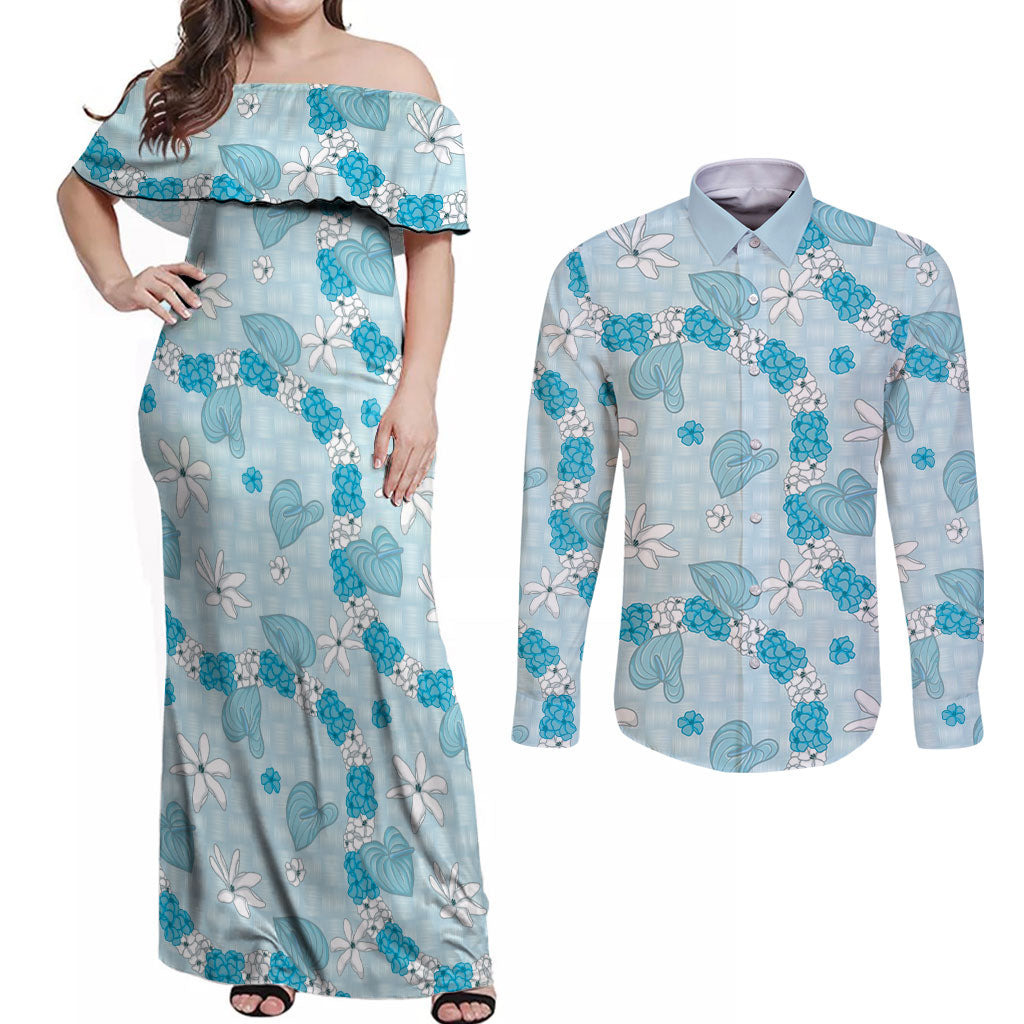 Hawaii Anthurium Tiare Pikake Lei Couples Matching Off Shoulder Maxi Dress and Long Sleeve Button Shirt UliUli Lauhala Art Pattern