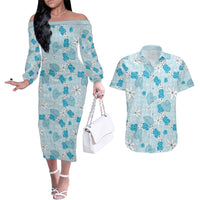 Hawaii Anthurium Tiare Pikake Lei Couples Matching Off The Shoulder Long Sleeve Dress and Hawaiian Shirt UliUli Lauhala Art Pattern LT01 Blue - Polynesian Pride