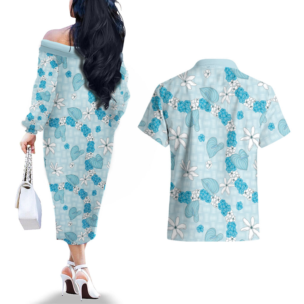 Hawaii Anthurium Tiare Pikake Lei Couples Matching Off The Shoulder Long Sleeve Dress and Hawaiian Shirt UliUli Lauhala Art Pattern LT01 - Polynesian Pride