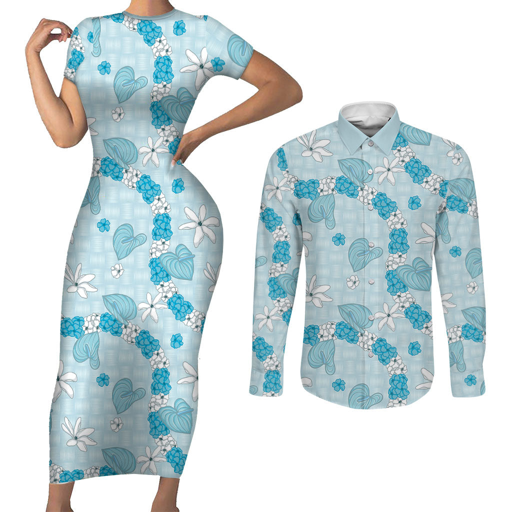 Hawaii Anthurium Tiare Pikake Lei Couples Matching Short Sleeve Bodycon Dress and Long Sleeve Button Shirt UliUli Lauhala Art Pattern