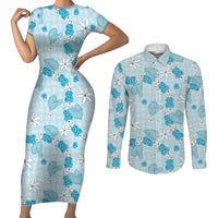 Hawaii Anthurium Tiare Pikake Lei Couples Matching Short Sleeve Bodycon Dress and Long Sleeve Button Shirt UliUli Lauhala Art Pattern