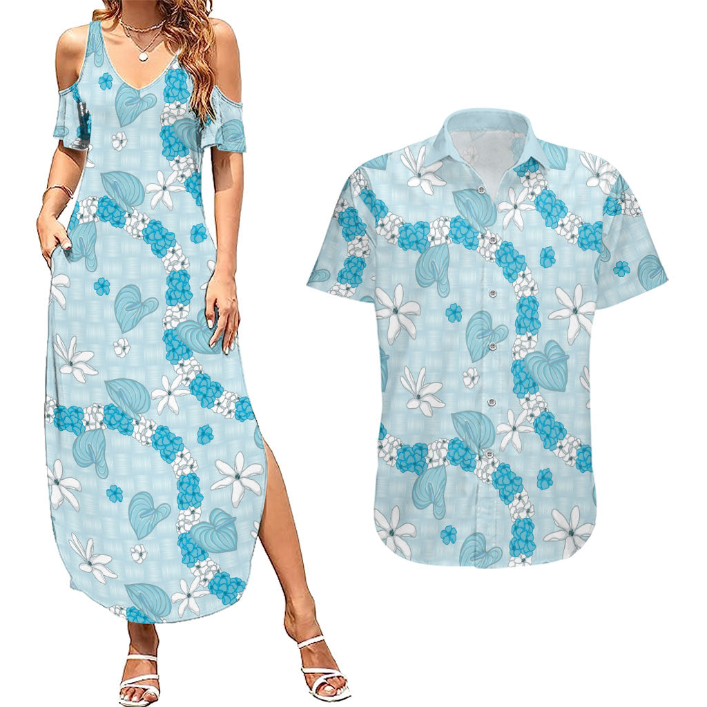 Hawaii Anthurium Tiare Pikake Lei Couples Matching Summer Maxi Dress and Hawaiian Shirt UliUli Lauhala Art Pattern