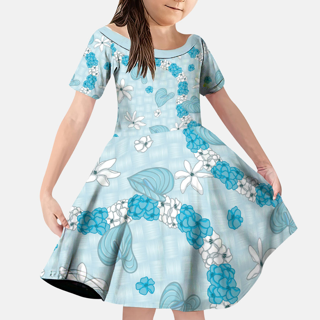 Hawaii Anthurium Tiare Pikake Lei Family Matching Puletasi and Hawaiian Shirt UliUli Lauhala Art Pattern LT01 Daughter's Dress Blue - Polynesian Pride