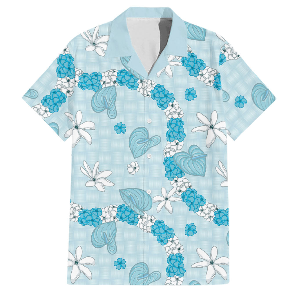 Hawaii Anthurium Tiare Pikake Lei Family Matching Puletasi and Hawaiian Shirt UliUli Lauhala Art Pattern LT01 Dad's Shirt - Short Sleeve Blue - Polynesian Pride