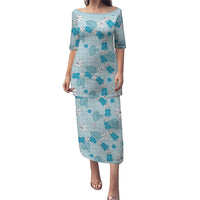 Hawaii Anthurium Tiare Pikake Lei Family Matching Puletasi and Hawaiian Shirt UliUli Lauhala Art Pattern LT01 Mom's Dress Blue - Polynesian Pride