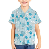 Hawaii Anthurium Tiare Pikake Lei Family Matching Puletasi and Hawaiian Shirt UliUli Lauhala Art Pattern LT01 Son's Shirt Blue - Polynesian Pride