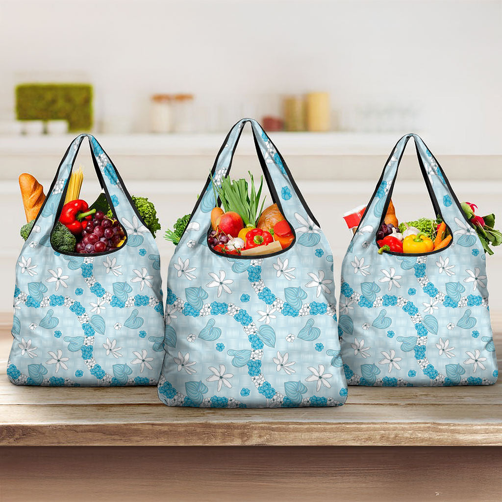 Hawaii Anthurium Tiare Pikake Lei Grocery Bag UliUli Lauhala Art Pattern LT01 3-pack One Size Blue - Polynesian Pride